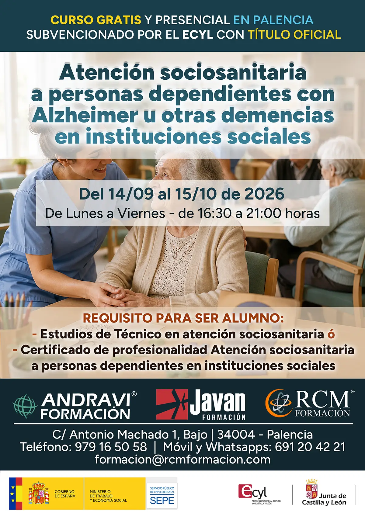 Curso gratis en Palencia de Atención sociosanitaria a personas dependientes con Alzheimer u otras demencias en instituciones sociales